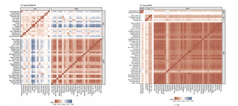 Fig. 4: Cluster analysis of clinical symptoms from non-hospitalized patients with persisting symptoms after SARS-CoV-2 infection revealed different interrelated phenotypes (S. Sahanic et al., Clin Inf Dis. (2022)).