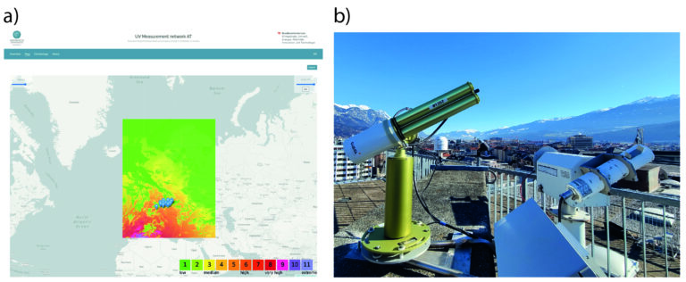 Fig. 3: a) Operational map of the UV Index for Europe, b) Measurement site with two sun photometers for aerosol measurements