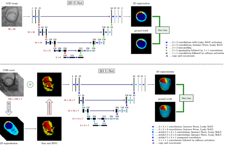 Fig. 8: A proposed segmentation pipeline. Firstly a 2D U-Net is trained on the individual images of the training dataset. After that a 3D U-Net is trained to refine the segmentation and return the final three-dimensional segmentation volume for the left ventricle. Input for the 3D CNN are the LGE CMR volumes as well as the possibly pertubated segmentation masks for scar and MVO provided by the pre-trained 2D CNN.